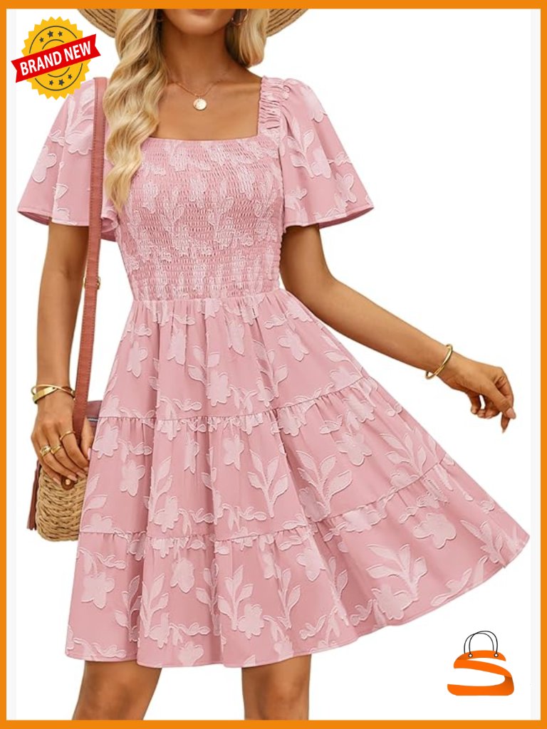 Boho Floral Mini Dress Square Neck Smocked Swing Short Sleeve Summer Vacation